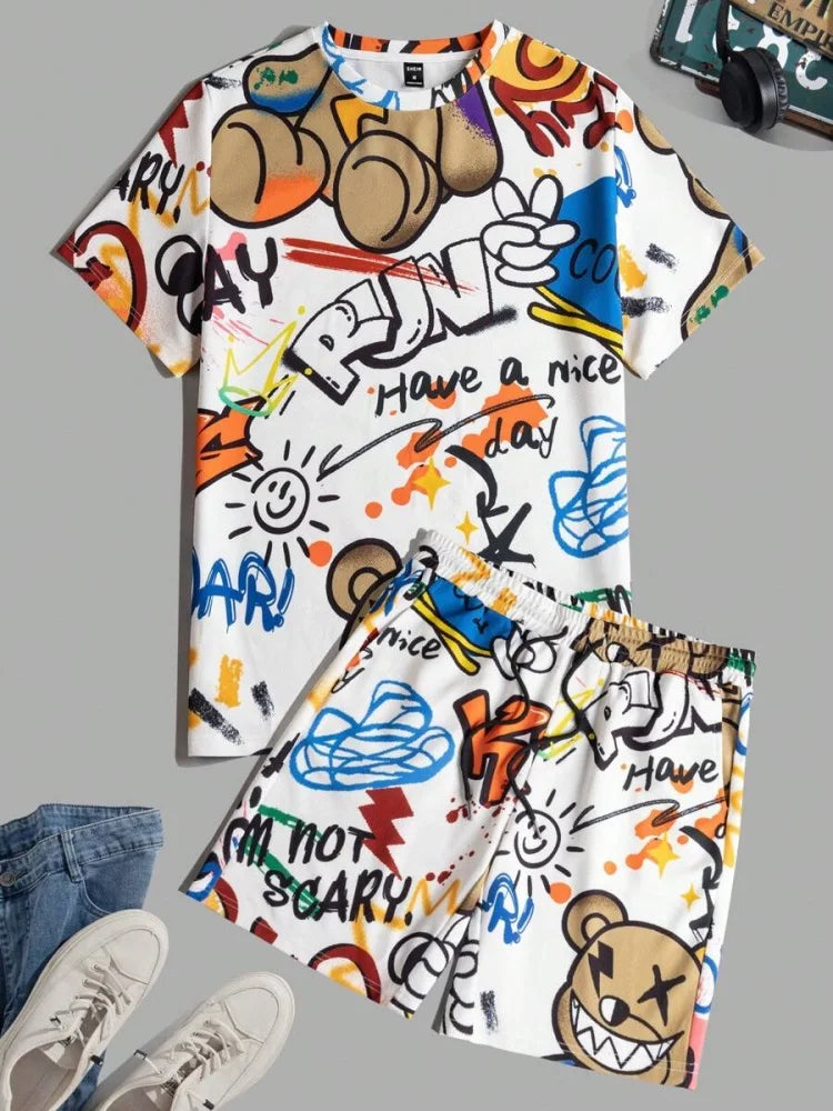 2025 nuevo conjunto de pantalones cortos de manga corta para hombre de verano, pantalones cortos de playa al aire libre para hombre, conjunto de 2 piezas, estampado 3D
