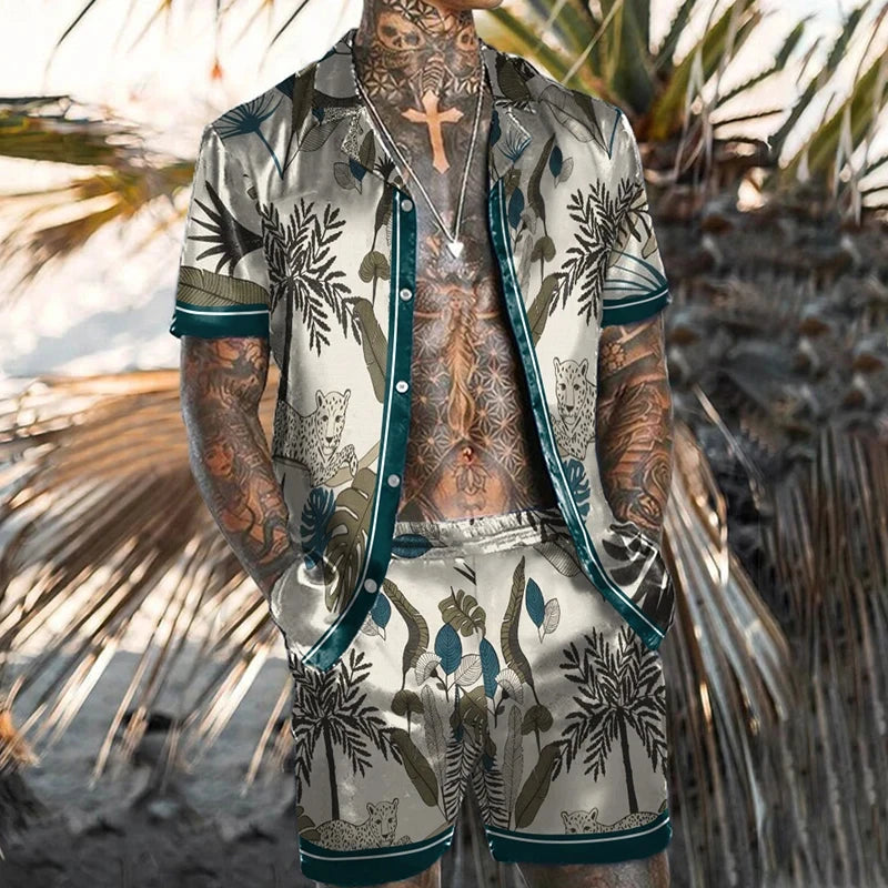 Conjunto de camisa para hombre con estampado 3D de estilo étnico, pantalones cortos de playa de manga corta con flores Retro, conjunto informal hawaiano de 2 piezas, ropa de calle de verano