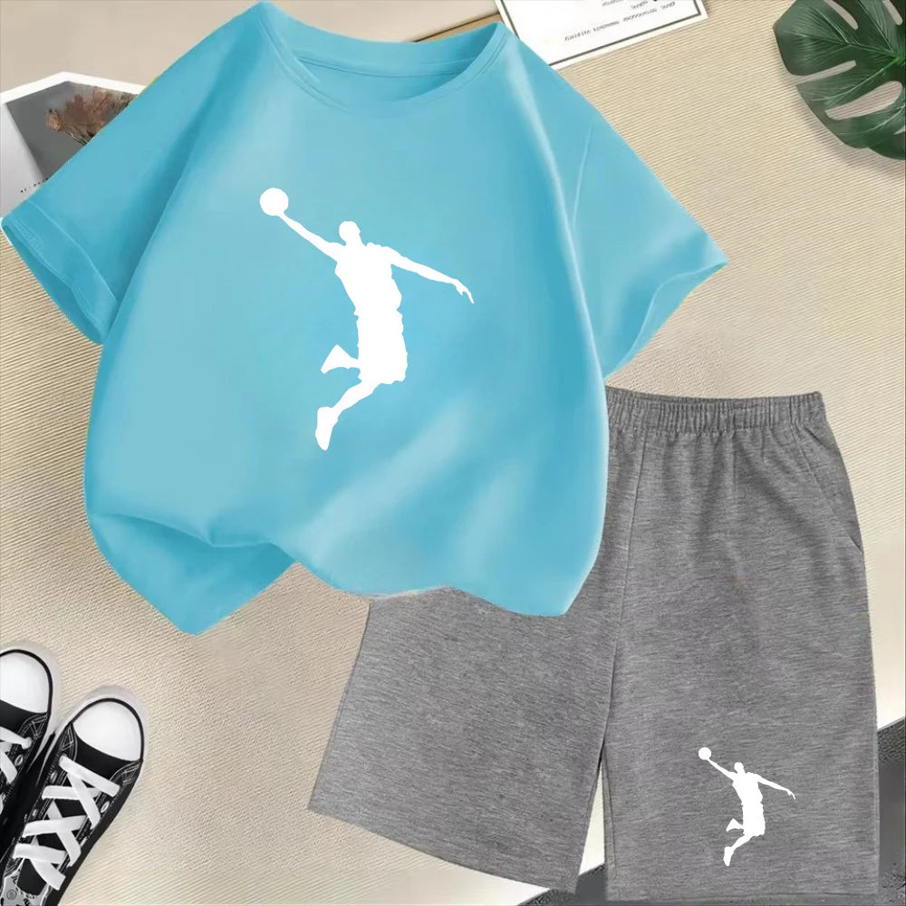 Conjunto de camiseta de manga corta de verano para niños, moda deportiva, pantalones cortos para niños y niñas, conjunto informal de 2 uds con estampado de gráficos de marca, conjunto para chico