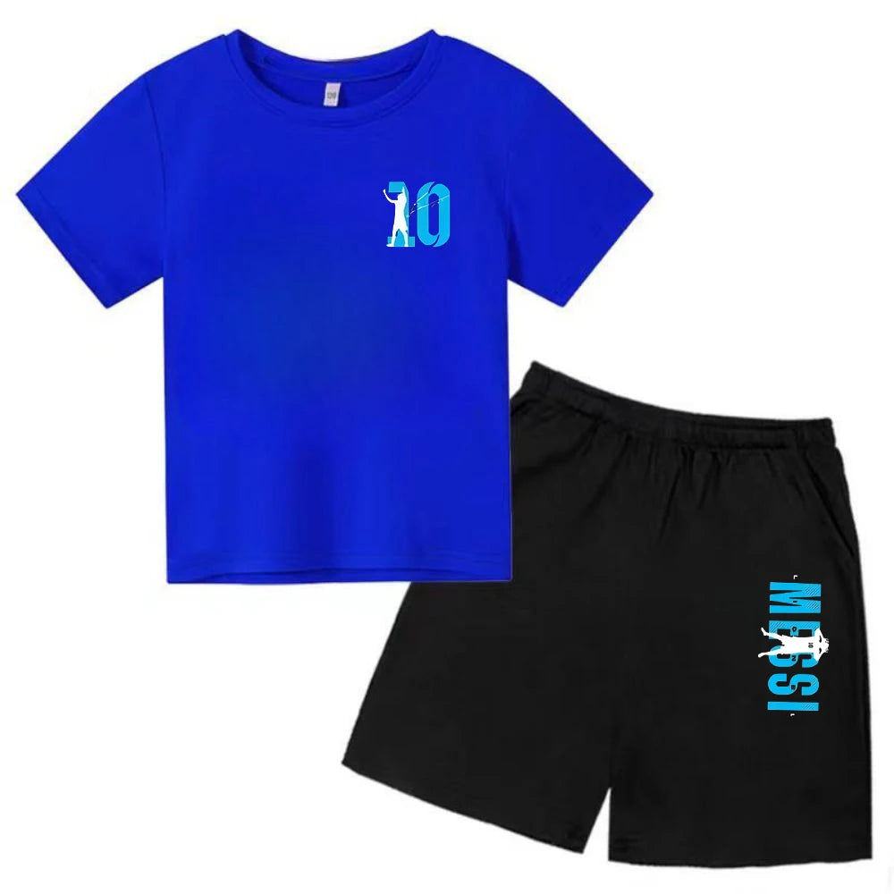 Conjunto de verano para niños, camiseta de manga corta con estampado Messi + Pantalones cortos, conjunto de 2 uds., traje deportivo informal a la moda para niños y niñas, ropa para fanáticos