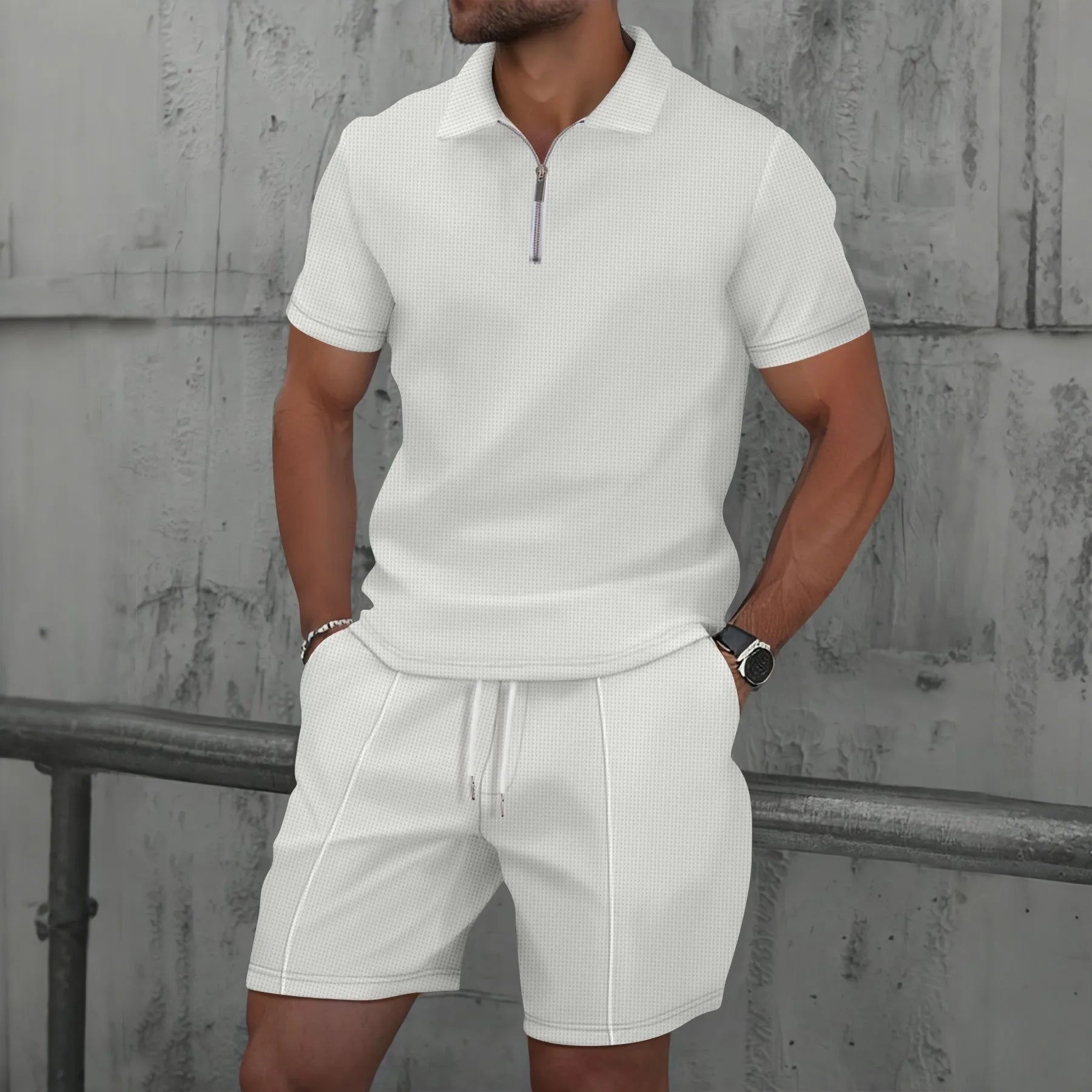 Conjunto de Dos Piezas para Hombre, Verano 2026, Estilo Europeo y Estadounidense, Color Liso, Cierre de Cremallera, Solapa, Manga Corta, Pantalones Cortos