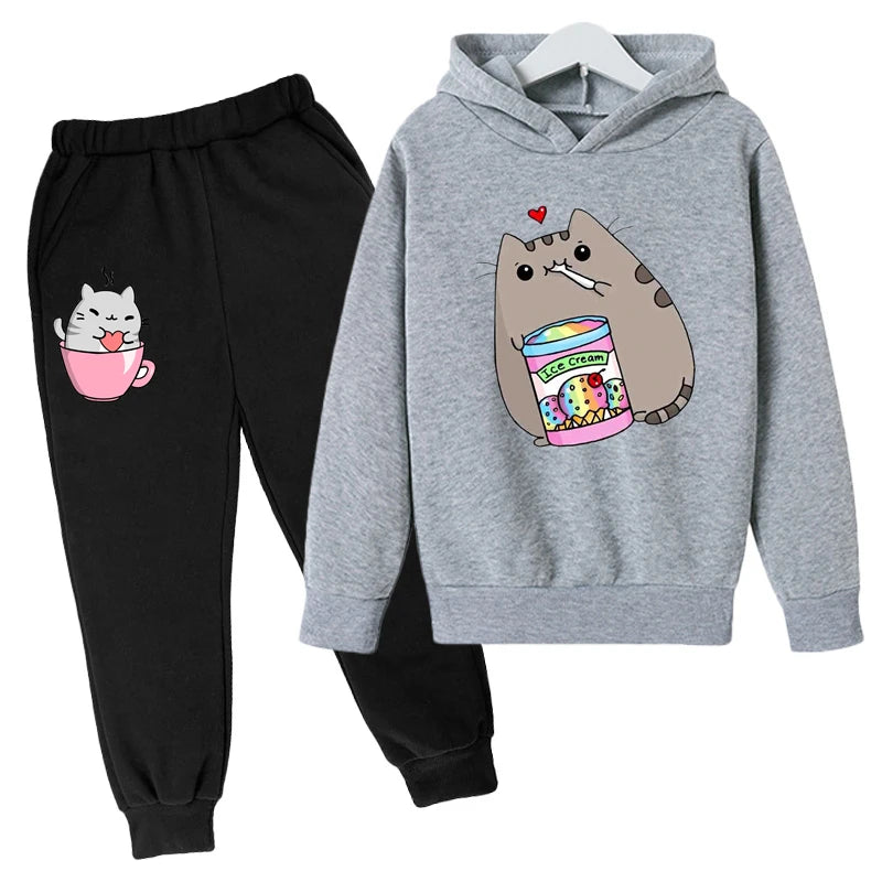 Sudadera con capucha con estampado de gato de Nutella para niños, ropa divertida para niñas y niños, conjuntos de ropa Harajuku Kawaii para niños, Invierno