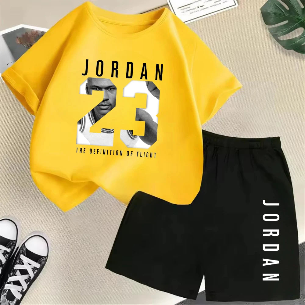 Conjunto de camiseta de manga corta de verano para niños, moda deportiva, pantalones cortos para niños y niñas, conjunto informal de 2 uds con estampado de gráficos de marca, conjunto para chico
