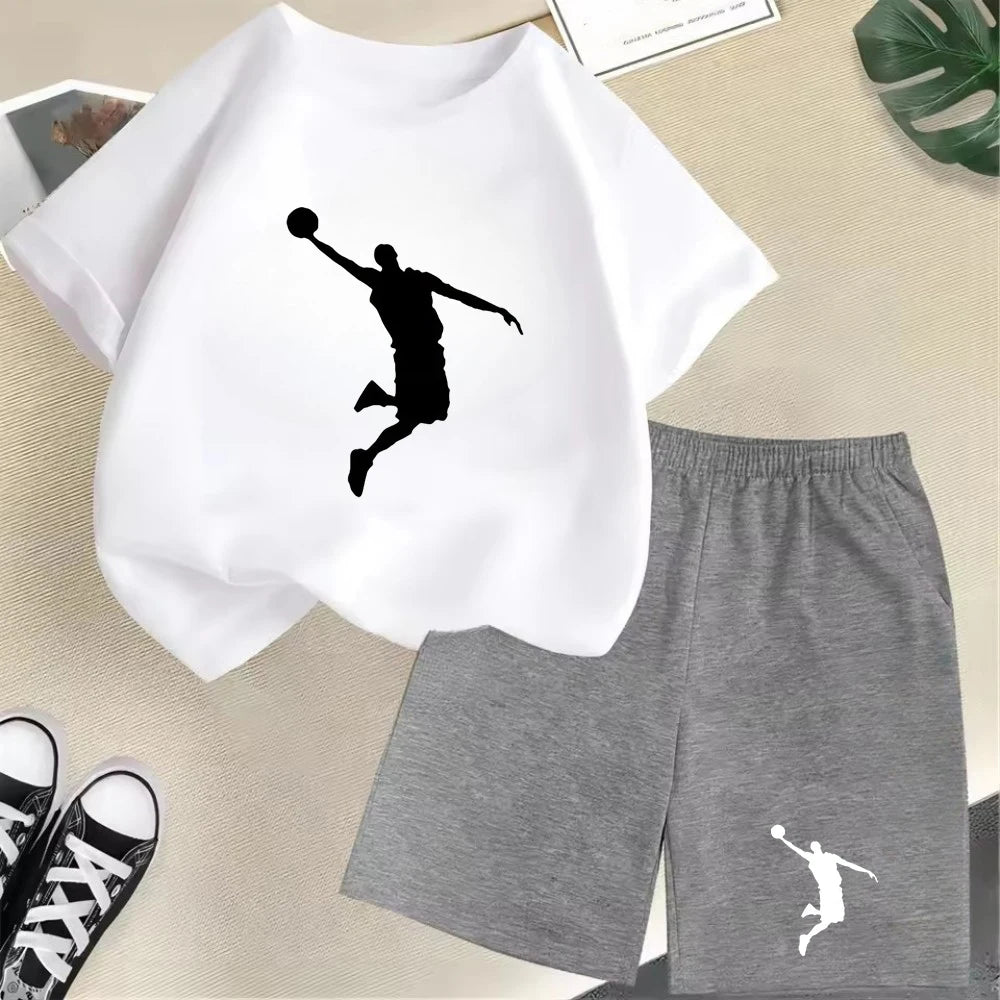 Conjunto de camiseta de manga corta de verano para niños, moda deportiva, pantalones cortos para niños y niñas, conjunto informal de 2 uds con estampado de gráficos de marca, conjunto para chico