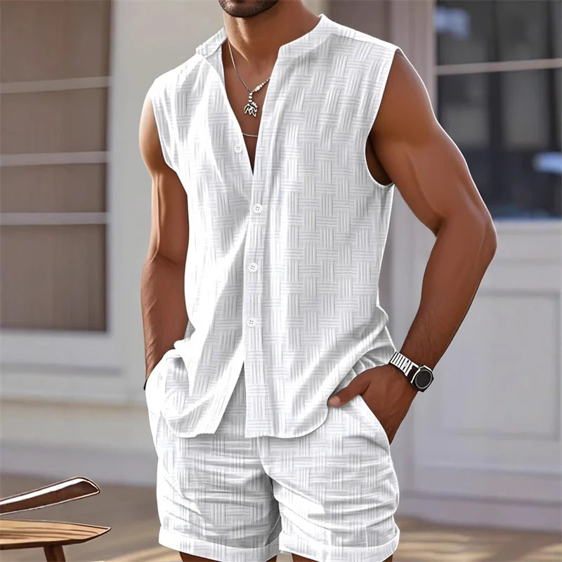 Conjunto Hawaiano Hombre de 2 Piezas | Camisa Chaleco sin Mangas y Pantalones Cortos para Playa