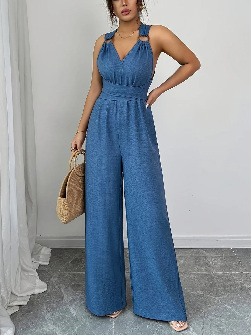 Monos para mujer 2026: Novedades en moda, sexy, con cuello en V, espalda descubierta, cinturón cruzado y pierna ancha. Ropa de mujer.