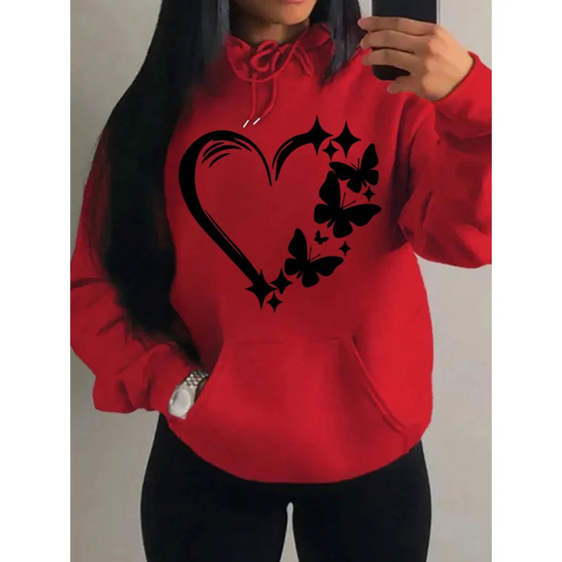 Sudadera con capucha con estampado de amor y mariposa para mujer, moda urbana de Hip Hop, ropa de bolsillo, Sudadera con capucha Retro multicolor