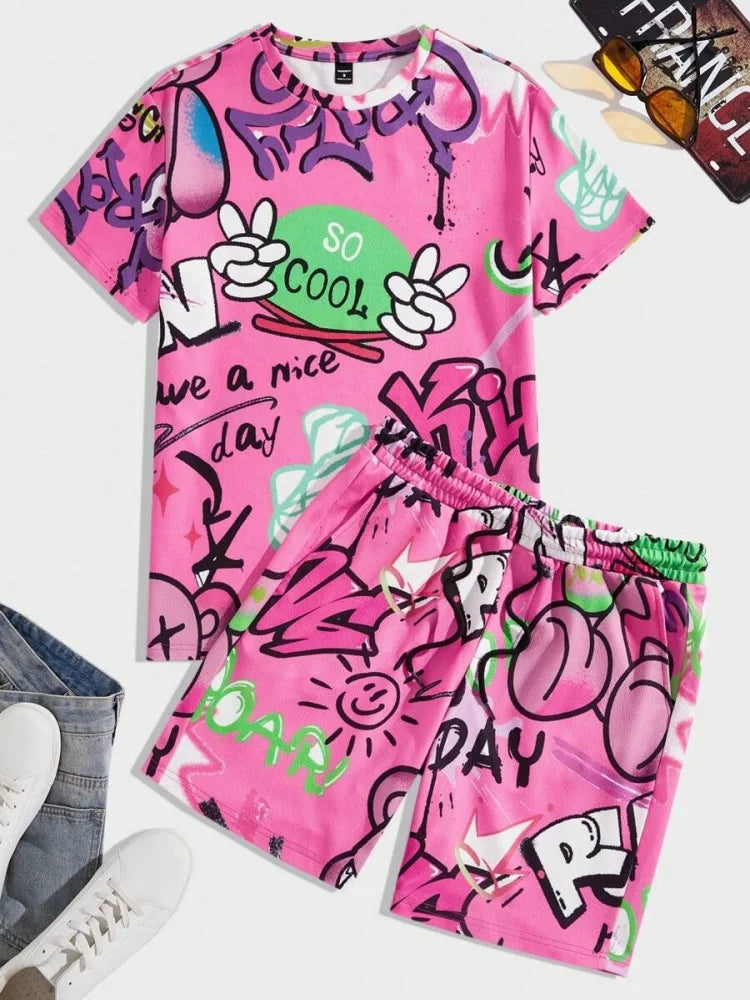 2025 nuevo conjunto de pantalones cortos de manga corta para hombre de verano, pantalones cortos de playa al aire libre para hombre, conjunto de 2 piezas, estampado 3D