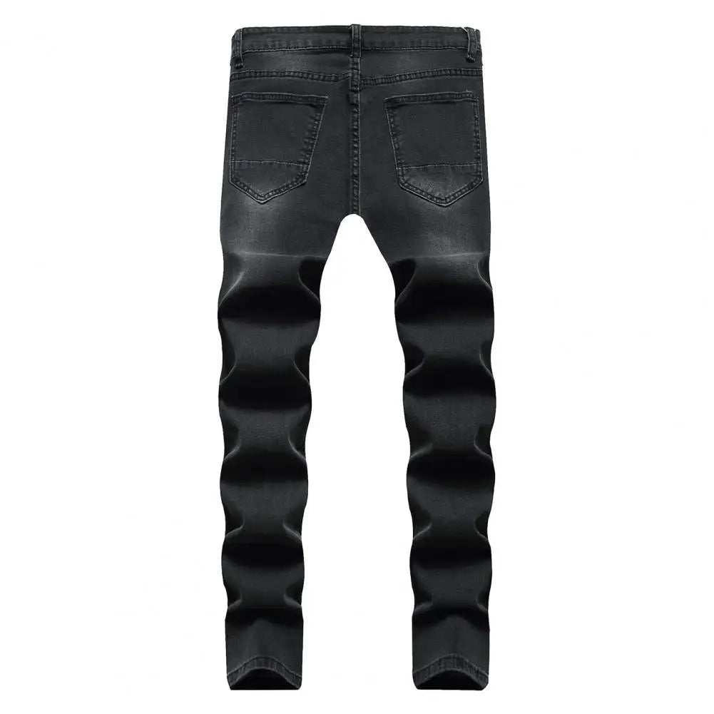 Vaqueros ajustados para hombres  Pantalones vaqueros elásticos pintados ajustados rasgados desgastados plisados hasta la rodilla pantalones casuales de marca para hombre