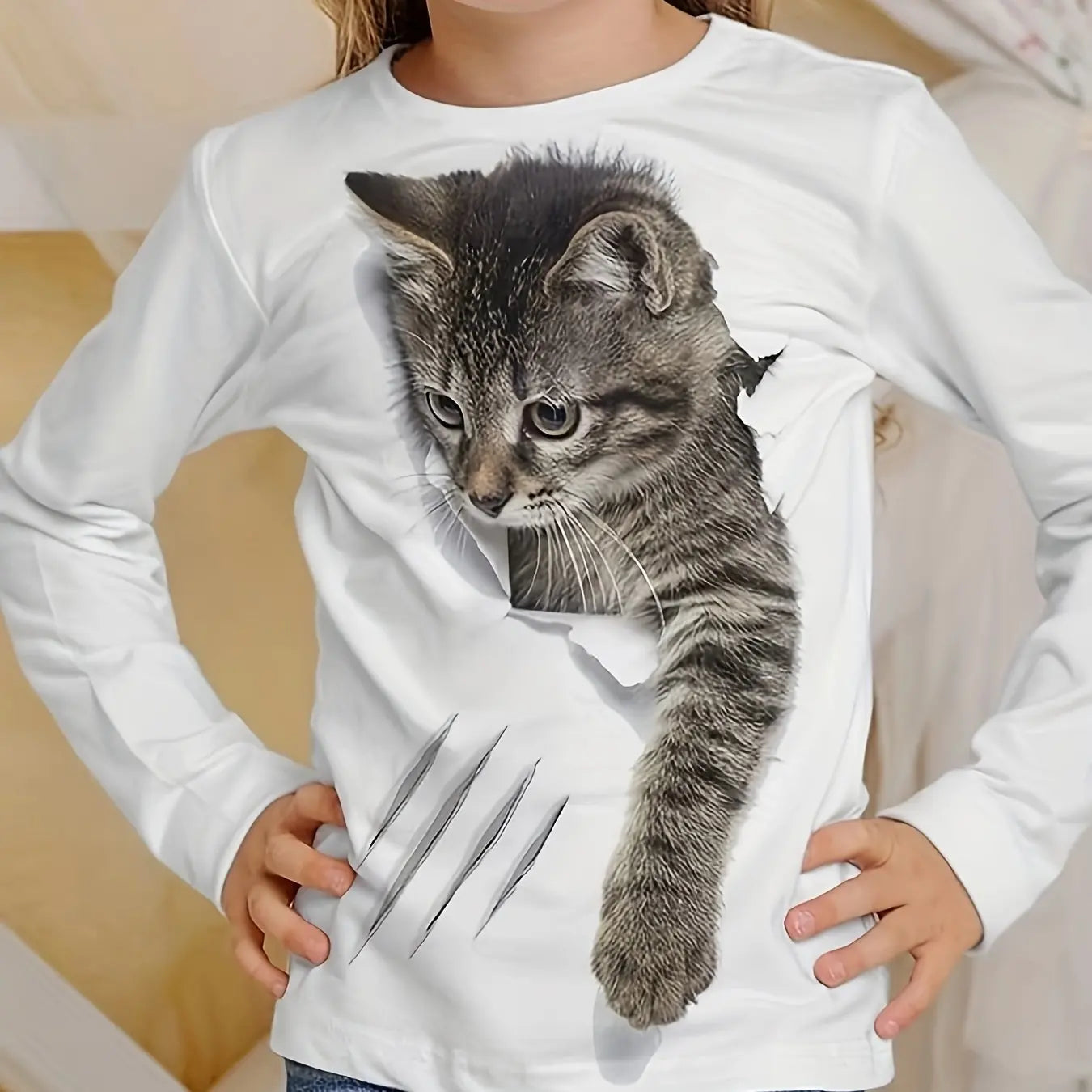 Camiseta de manga larga para niños y niñas, ropa informal con estampado de gato y cuello redondo de dibujos animados, Verano