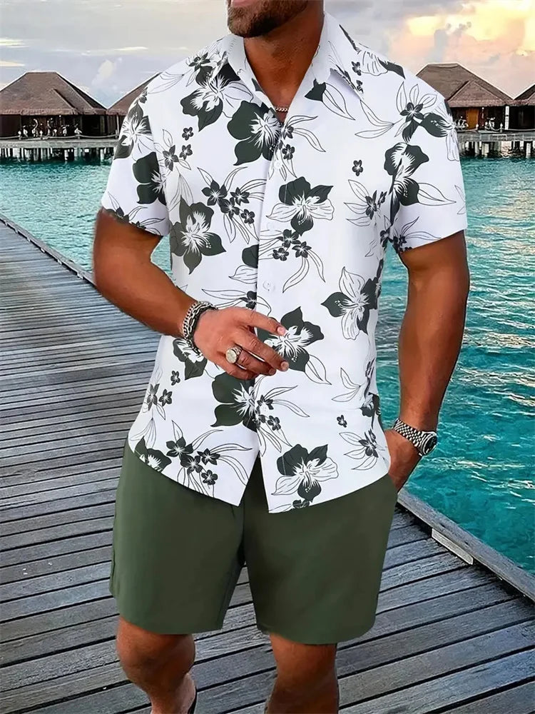 Conjunto Hombre Verano Playa Hawaiano Oversize – Camisa Manga Corta + Shorts Estampado 3D (2 Piezas)