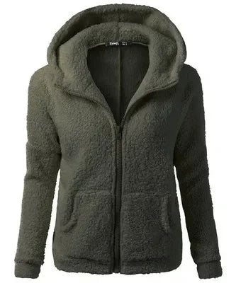 Chaqueta con capucha de primavera y otoño para mujer, sudaderas con capucha informales cálidas para mujer, sudadera con cremallera, abrigo de lana suave de Color sólido para mujer