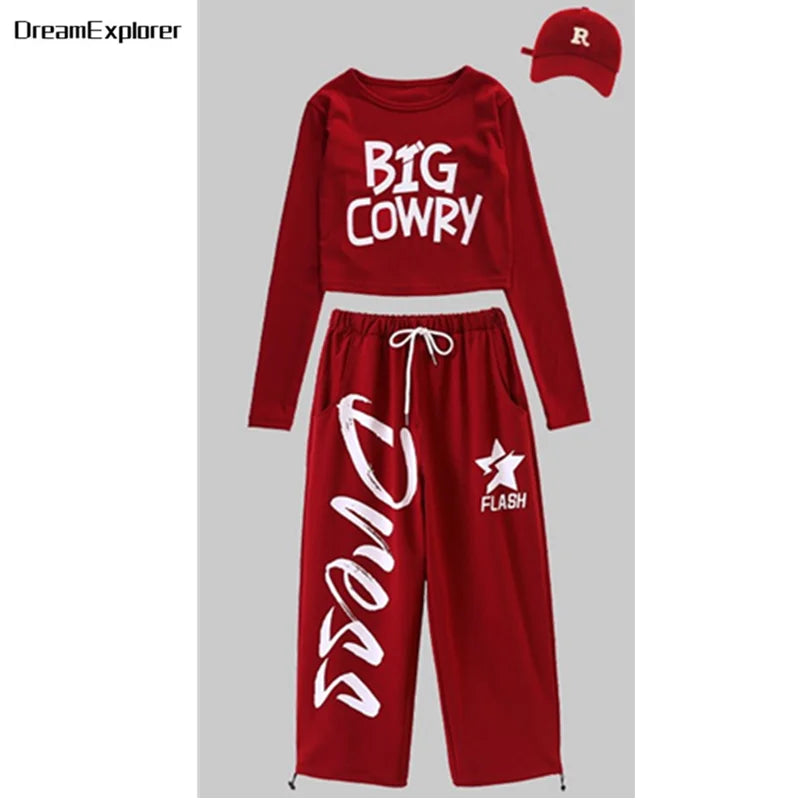 Top corto k-pop para niñas, pantalones deportivos con letras a la moda, conjuntos de ropa de grupo para niñas, ropa informal estilo Hip Hop, disfraces de Jazz para niños