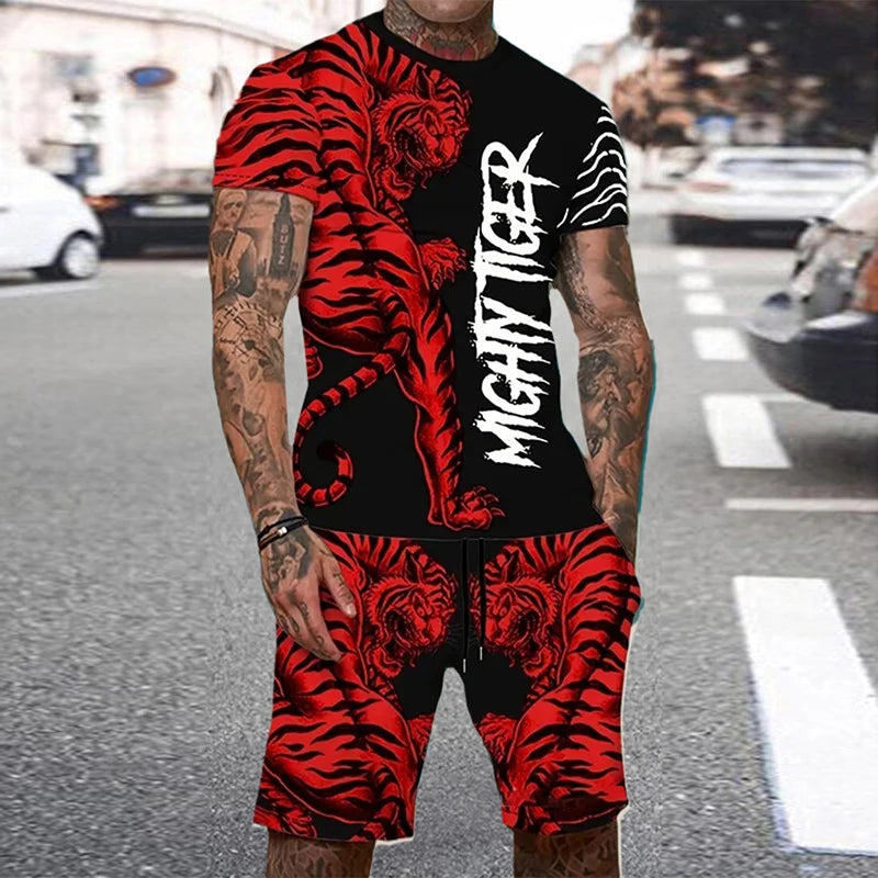 Conjunto Verano Hombre - Camiseta y Pantalón Corto Estampado Tigre 3D