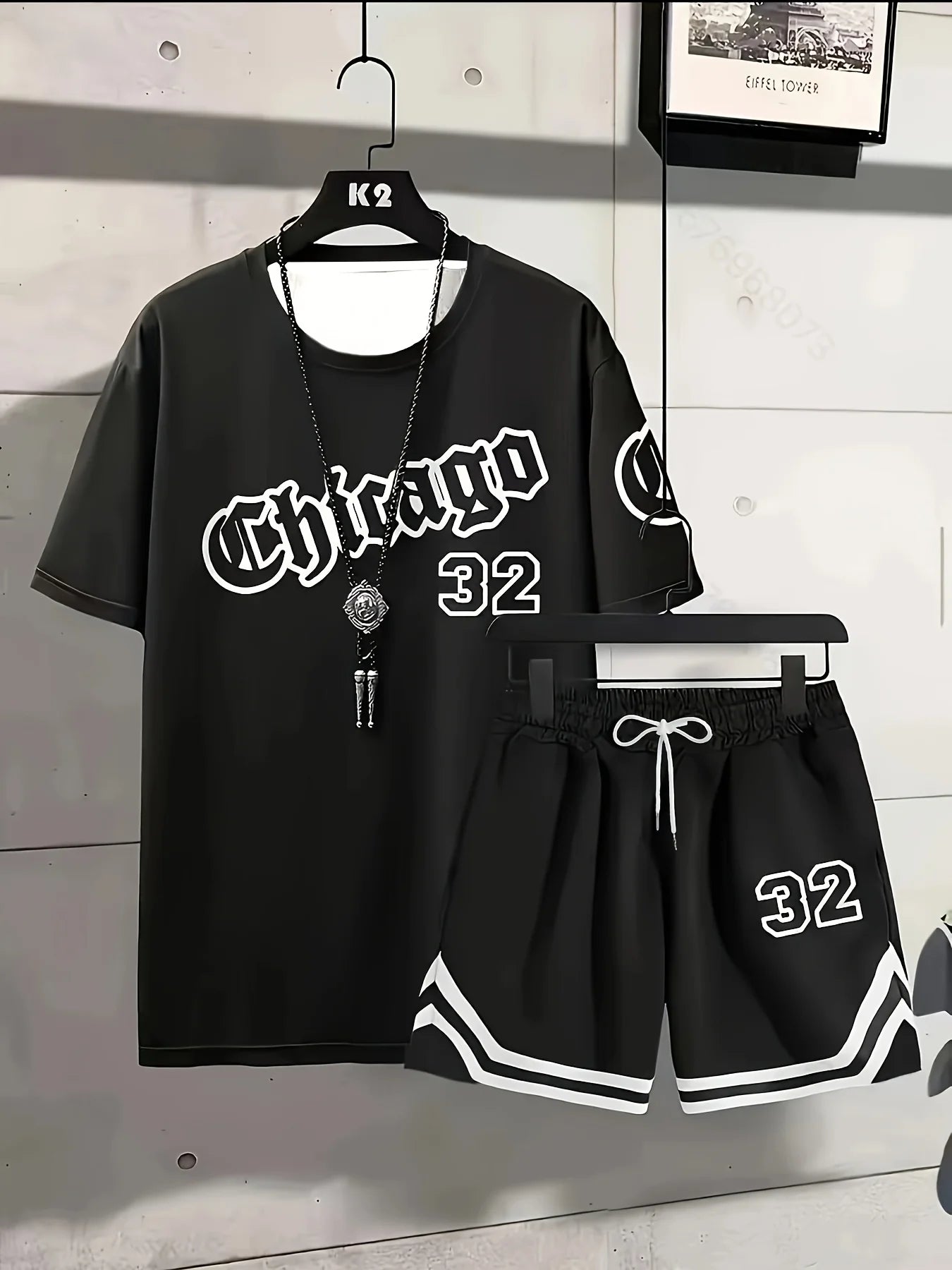Conjunto relajado con temática Chicago de verano para hombre, conjunto de camiseta y pantalones cortos estampados talla 32, conjunto deportivo informal de dos piezas de talla grande para adultos