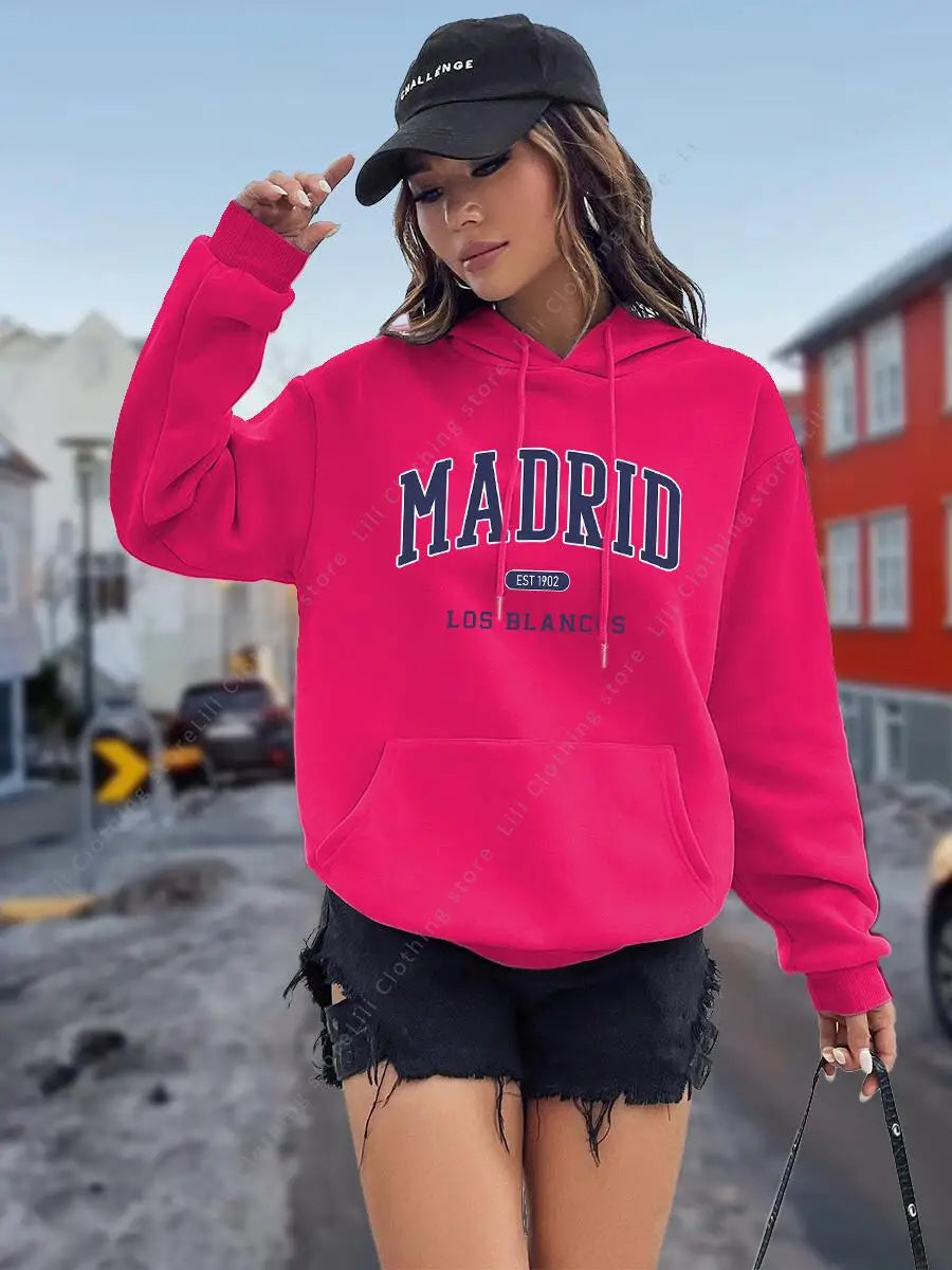 Sudadera con Capucha para Mujer con Estampado de Letras MADRID, Otoño Invierno, Tops de Alta Calidad, Sudadera Estética, Camisa con Capucha, Ropa Holgada para Mujer
