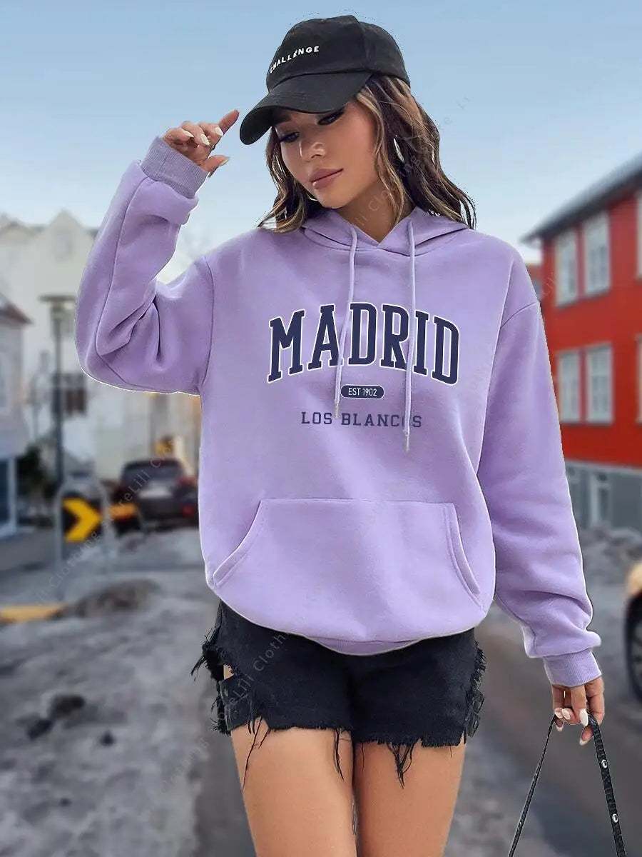 Sudadera con Capucha para Mujer con Estampado de Letras MADRID, Otoño Invierno, Tops de Alta Calidad, Sudadera Estética, Camisa con Capucha, Ropa Holgada para Mujer