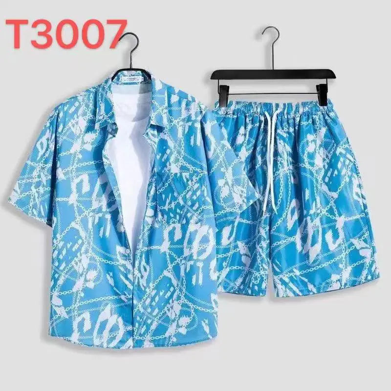 Cómoda camisa con estampado 3D de árbol de coco y hojas de hierba y flores + Pantalones cortos, conjunto de dos piezas, camisas con cuello abatible de manga corta, medio pantalón