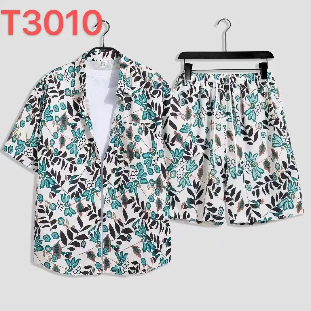 Cómoda camisa con estampado 3D de árbol de coco y hojas de hierba y flores + Pantalones cortos, conjunto de dos piezas, camisas con cuello abatible de manga corta, medio pantalón