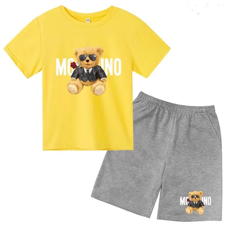 Boys Girls Summer Casual 2Pcs Set Lovely Bear Letter Print T-shirt & Shorts Comfortable Sports Running Suit