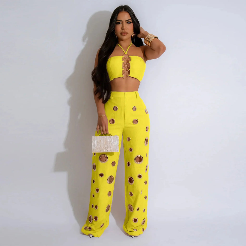 CM.YAYA-Conjunto de dos piezas para mujer, Top sin mangas y pantalones de pierna ancha, traje calado con agujeros, chándal de calle Sexy de verano