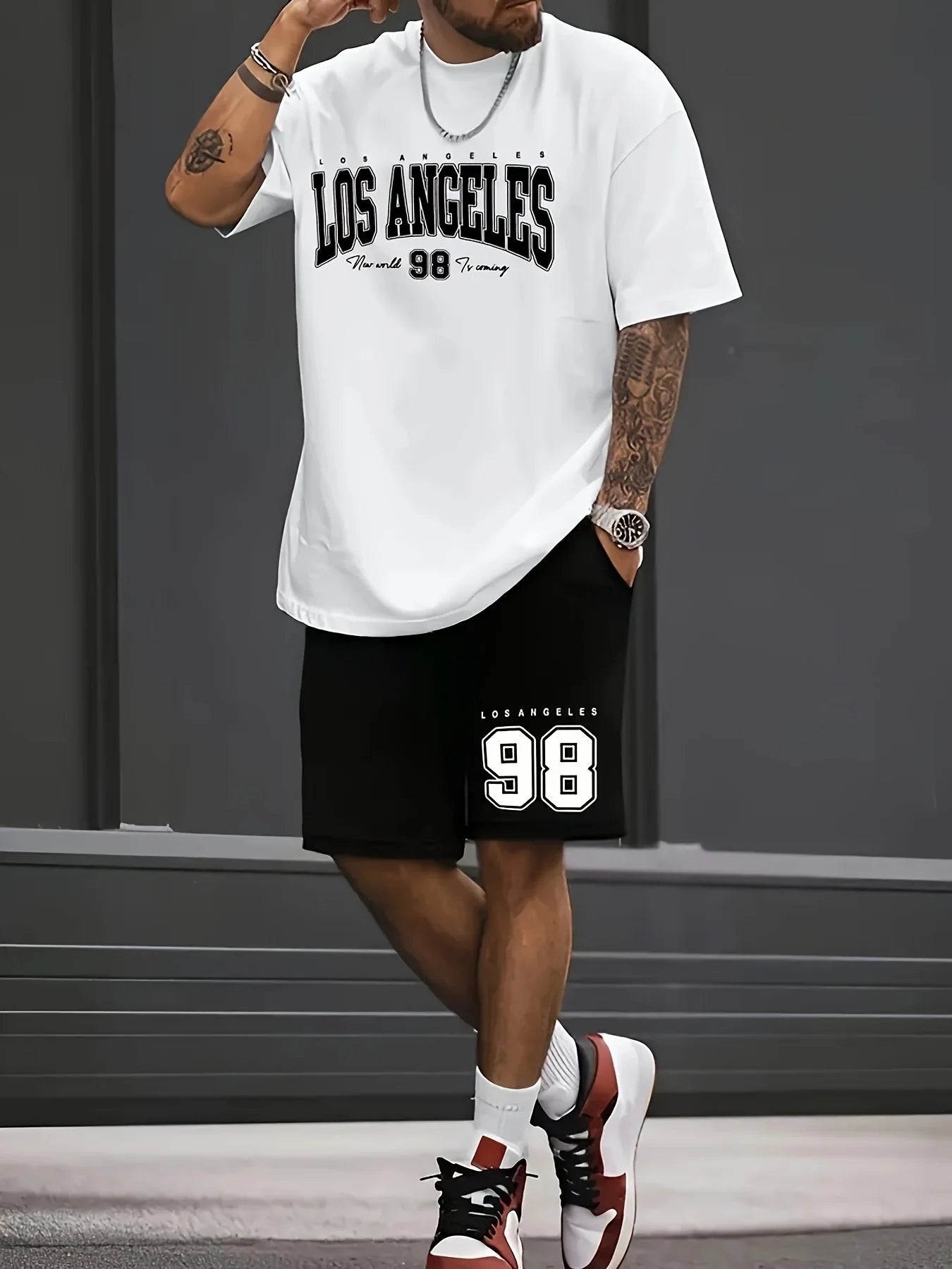 Conjunto relajado con temática Chicago de verano para hombre, conjunto de camiseta y pantalones cortos estampados talla 32, conjunto deportivo informal de dos piezas de talla grande para adultos