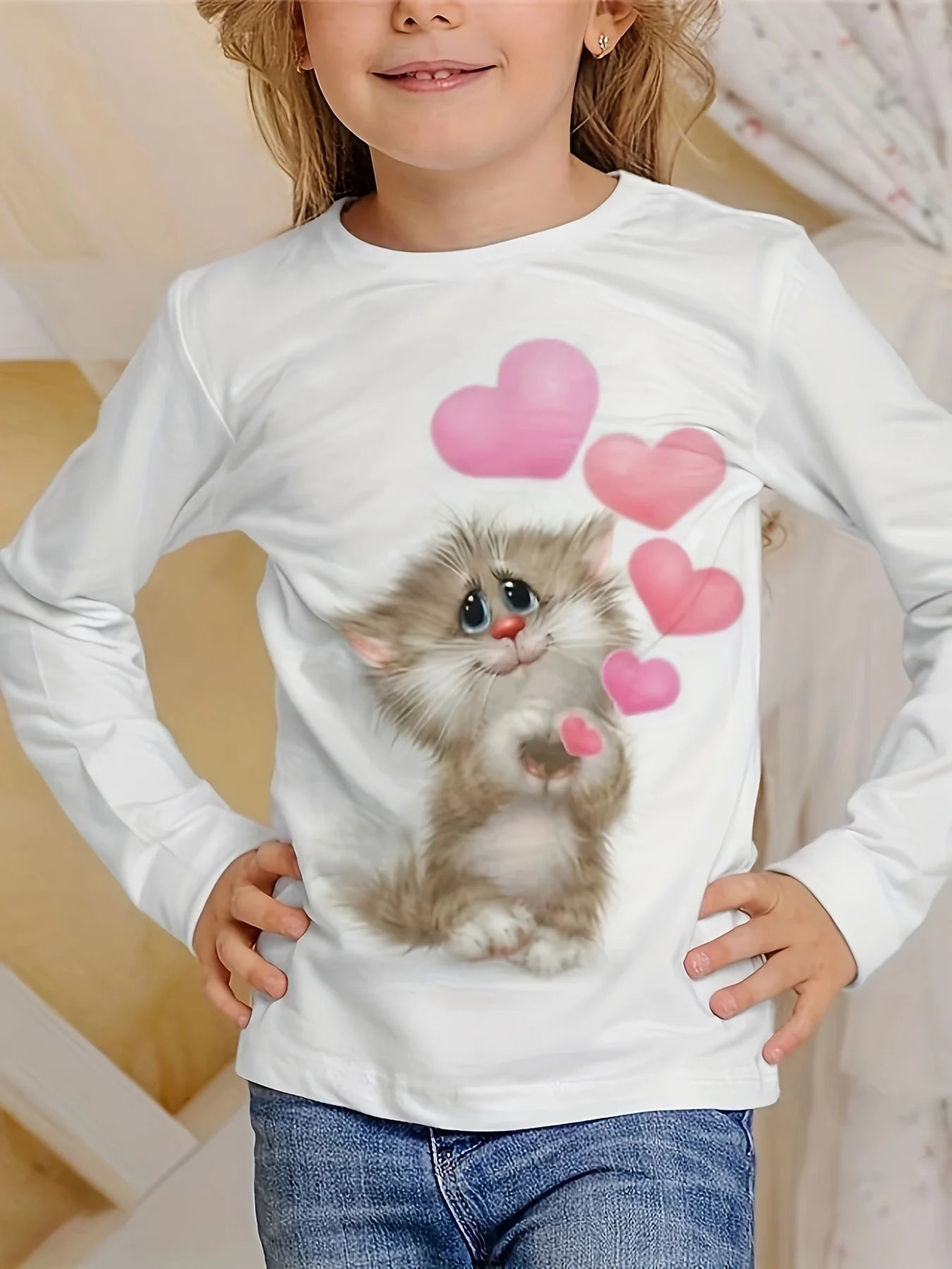Camiseta de manga larga para niños y niñas, ropa informal con estampado de gato y cuello redondo de dibujos animados, Verano