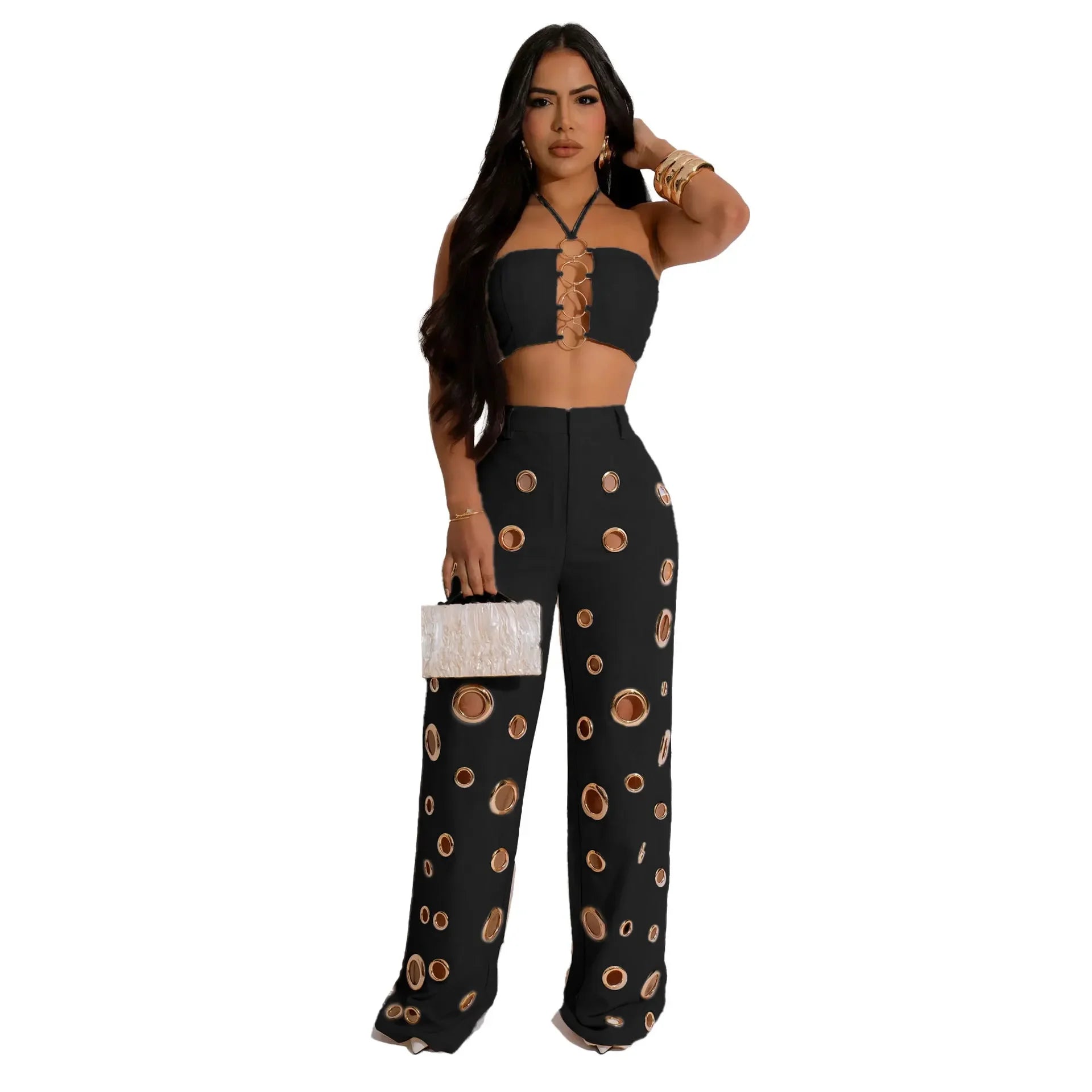 CM.YAYA-Conjunto de dos piezas para mujer, Top sin mangas y pantalones de pierna ancha, traje calado con agujeros, chándal de calle Sexy de verano