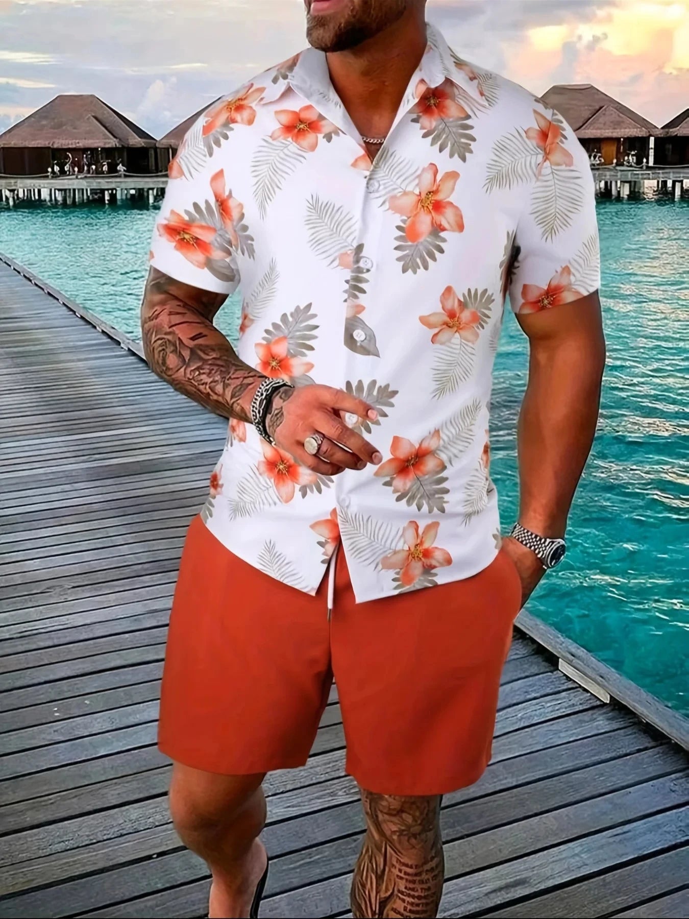 Ropa deportiva para hombre, conjunto de dos piezas con estampado 3D y pantalones cortos, camisa de playa hawaiana con solapa, 2 piezas