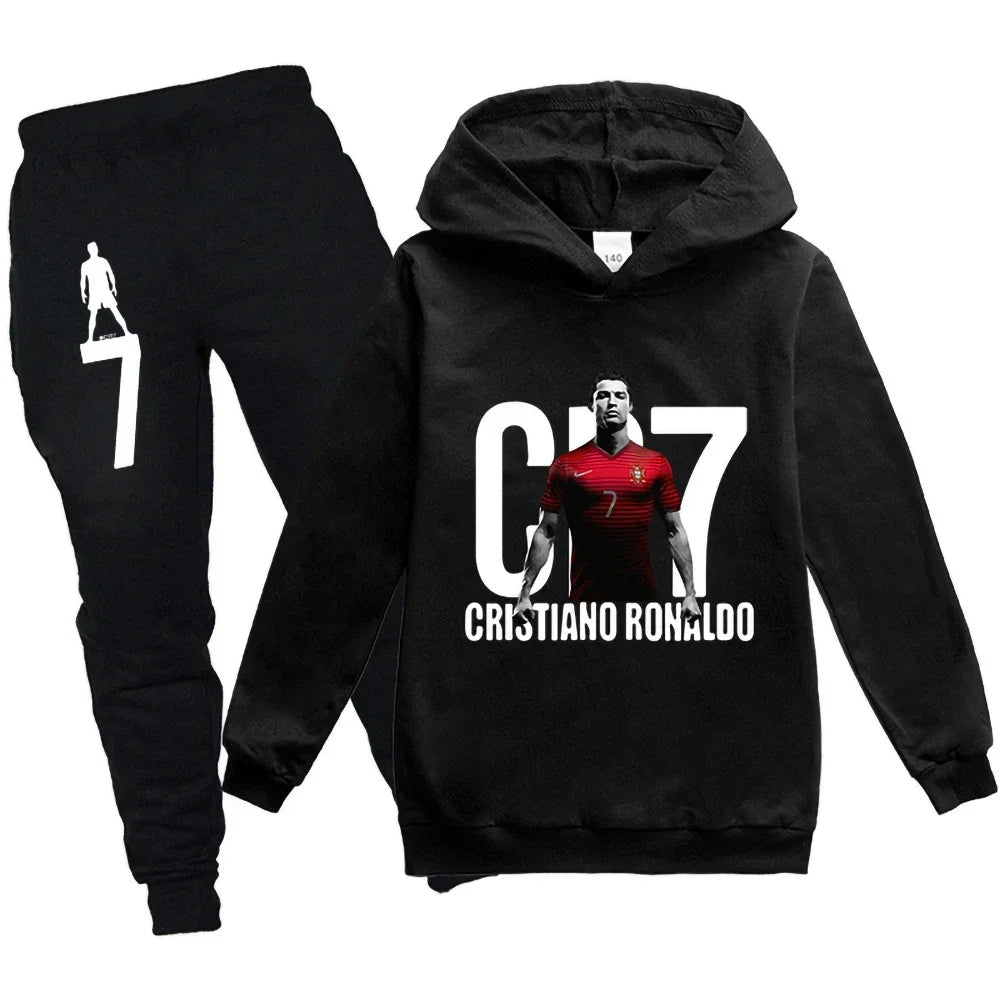 Conjunto deportivo informal con capucha y pantalones para niños con estampado de fútbol CR7