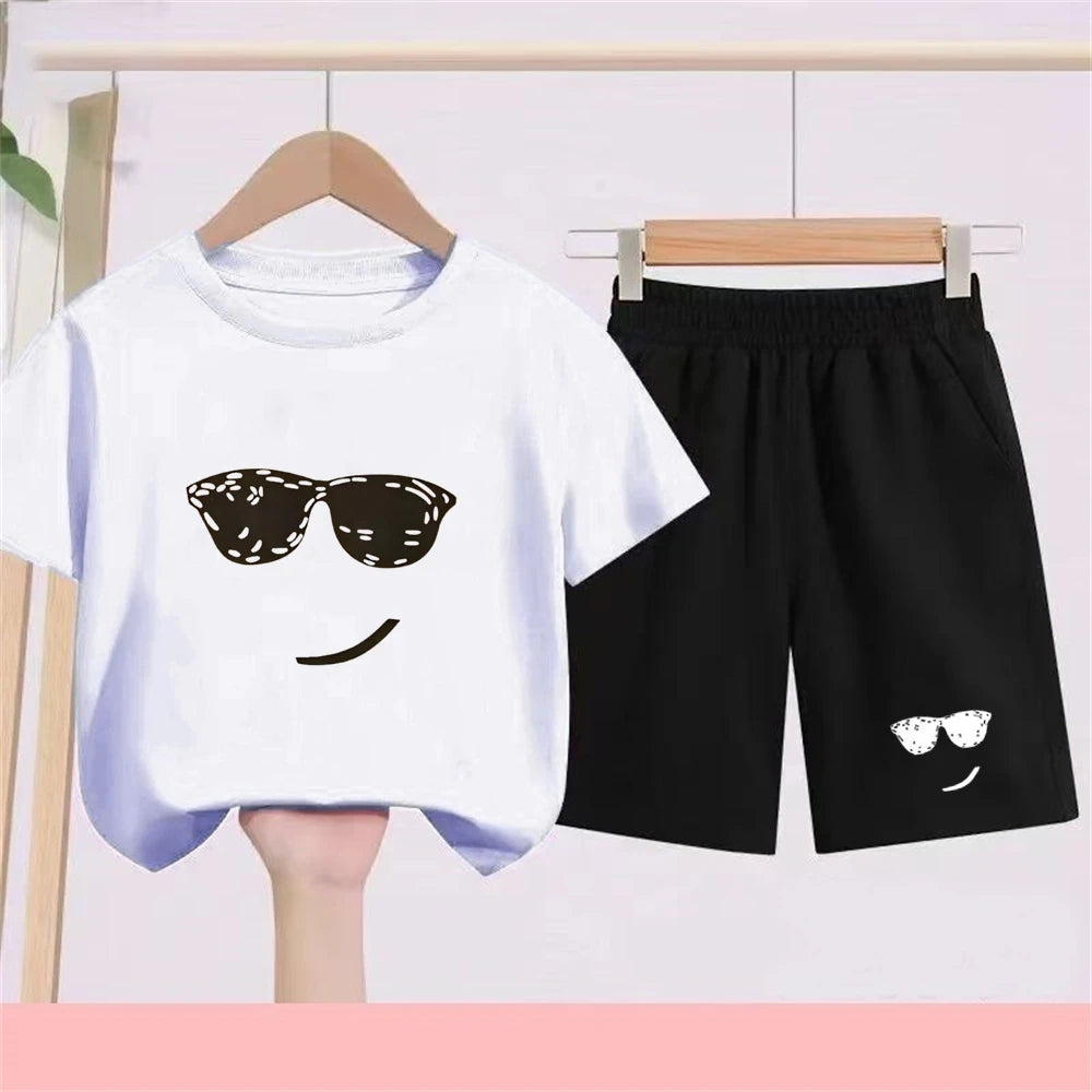 Camiseta de verano para niños de 3 a 12 años, conjunto de camiseta blanca y pantalones cortos, 2 uds., conjunto fresco y refrescante de manga corta con estampado para niños