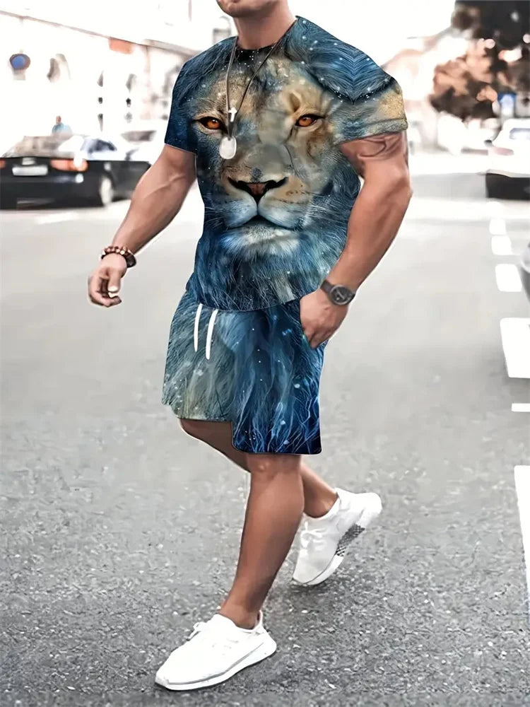 Conjunto Streetwear 3D León Hombre | Camiseta + Pantalón Corto Bicolor
