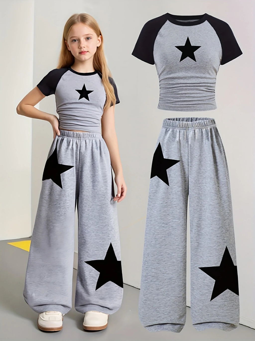 Artículos de moda para niñas, ropa para niñas, conjunto de 2 piezas para niñas, conjunto para el regreso a clases, estampado de estrellas, pantalones deportivos anchos grises, fútbol americano, voleibol, Acción de Graci