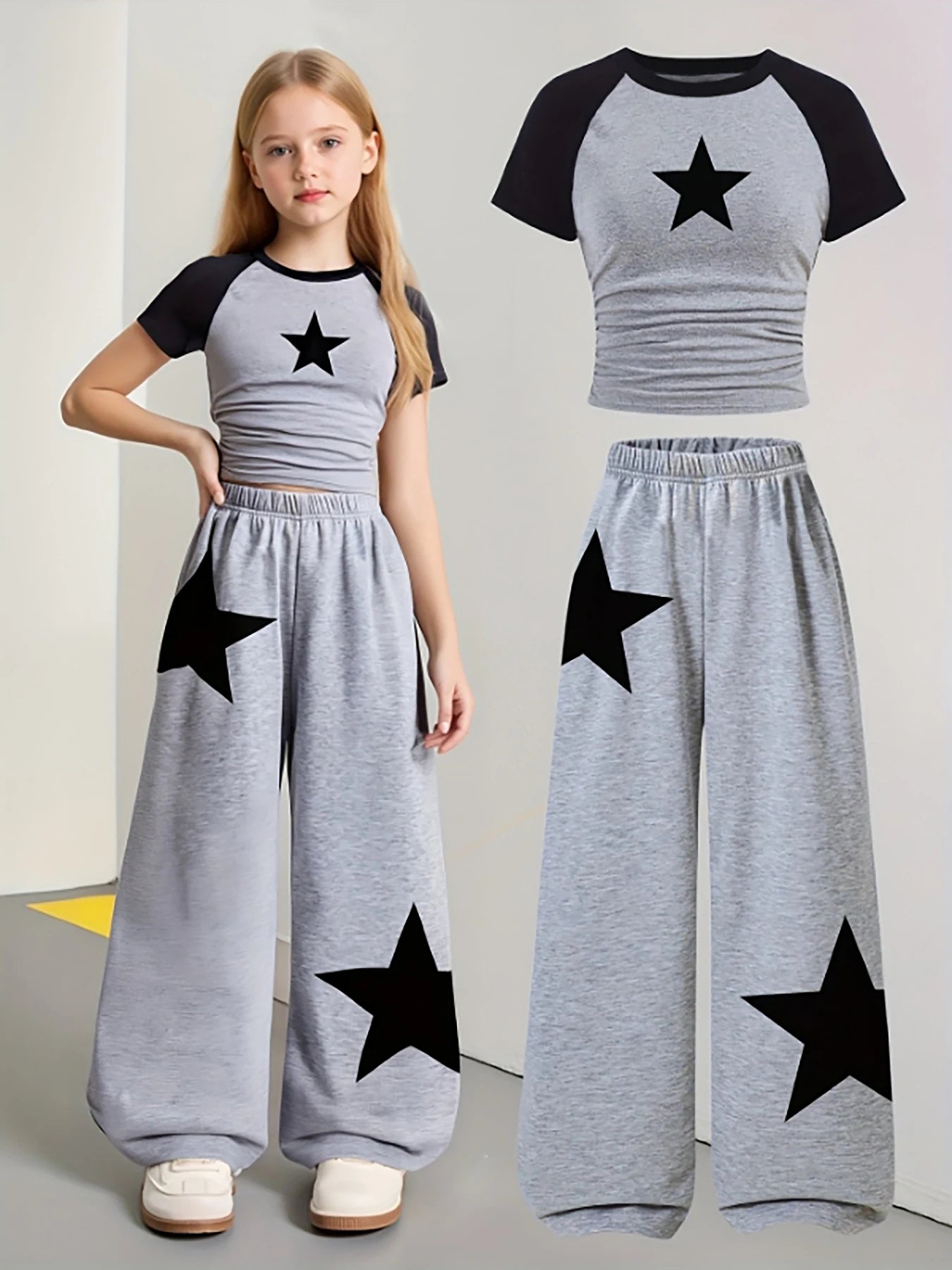 Artículos de moda para niñas, ropa para niñas, conjunto de 2 piezas para niñas, conjunto para el regreso a clases, estampado de estrellas, pantalones deportivos anchos grises, fútbol americano, voleibol, Acción de Graci