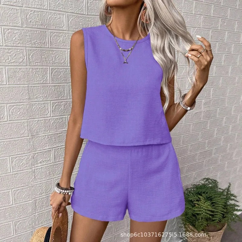 Conjunto de Top sin Mangas y Pantalones Cortos para Mujer, Estilo Europeo Americano, Verano 2026, Color Sólido, Simple y Moderno, Informal para Diario