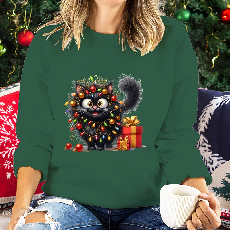 Regalo de amante de los gatos para Navidad, sudaderas para mujer, lindas y esponjosas luces de gatos, sudaderas con capucha de vacaciones, sudaderas navideñas para amantes de los animales