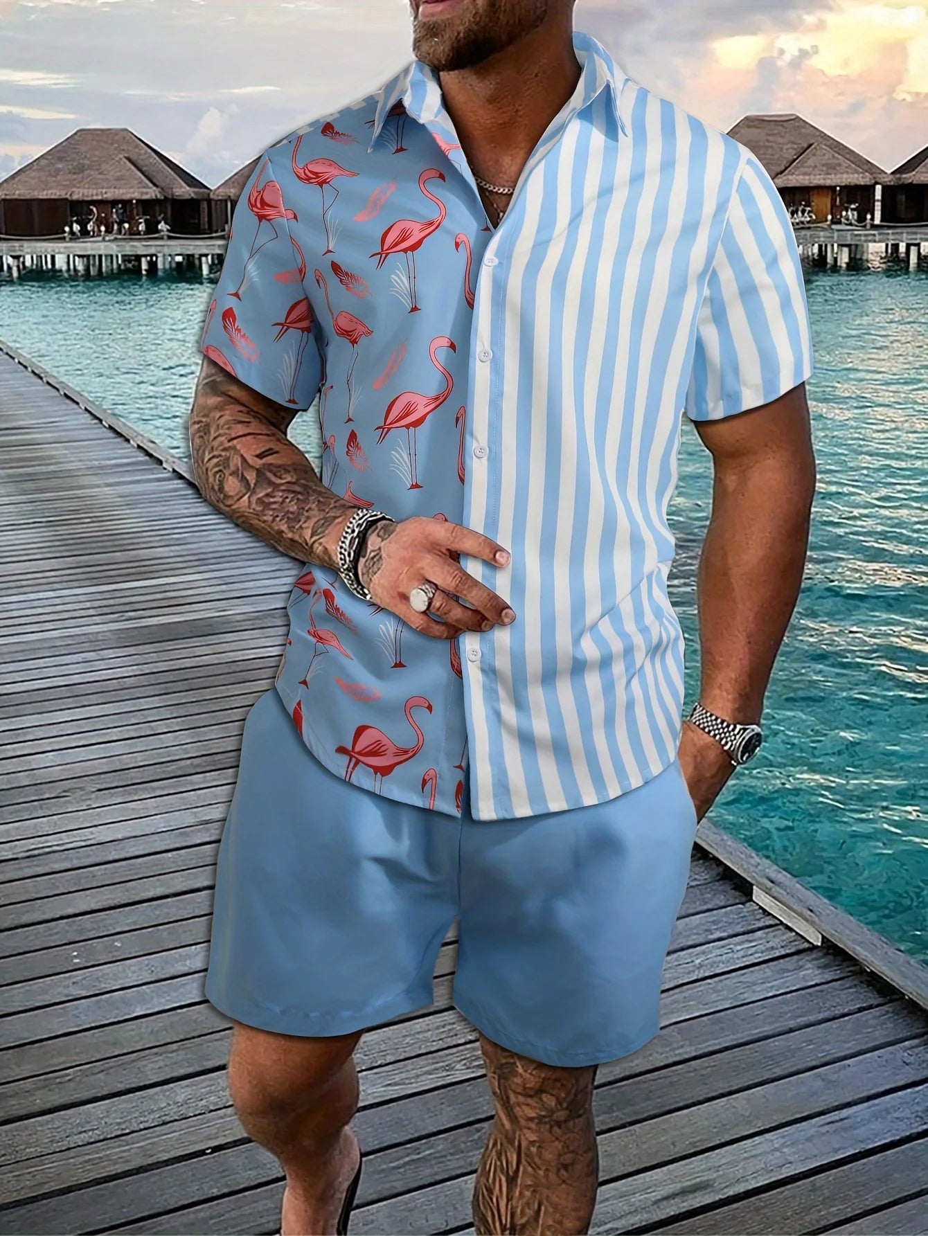 Conjunto Hawaiano Hombre – Camisa Manga Corta y Pantalón Corto de Playa