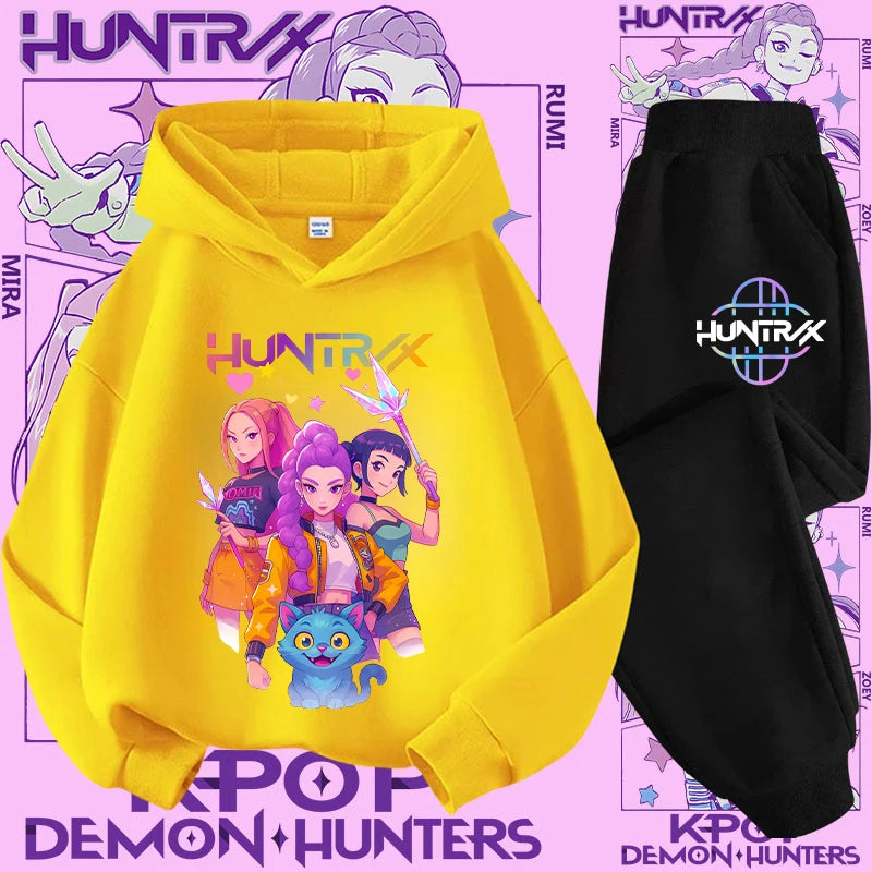 Ropa deportiva para niñas de 2 a 12 años, conjunto de 2 piezas, Top informal bonito, K-pop Demon Hunter, conjunto de camisa con capucha estampada, traje de pantalón, chándal