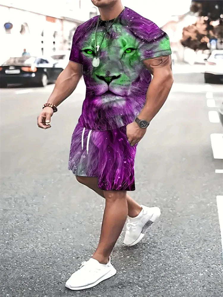 Conjunto Streetwear 3D León Hombre | Camiseta + Pantalón Corto Bicolor