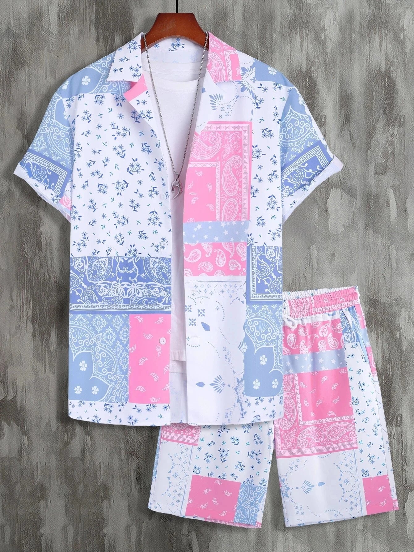 2024 conjuntos de hombre con estampado de retazos y solapa, camisa informal de manga corta, pantalones cortos de playa, ropa de calle de verano, trajes Hawaianos para S-5XL