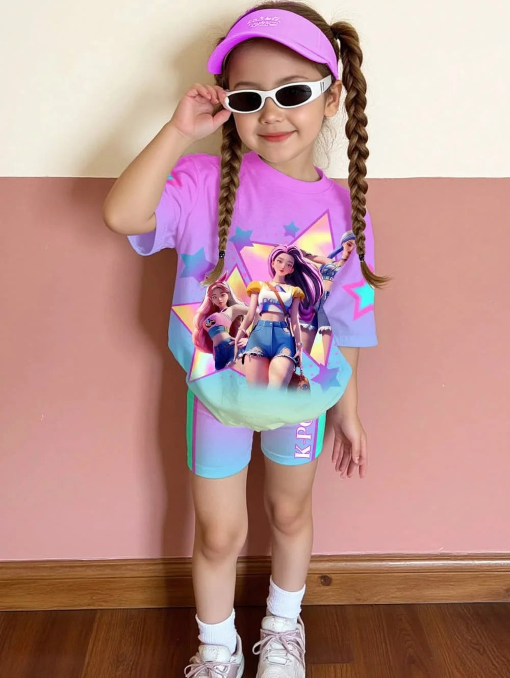 Conjunto de Camiseta y Pantalones con Estampado de Dibujos Animados Kpop, Ropa de Verano para Niñas, Conjunto de Manga Corta, Conjunto de Camiseta y Pantalones Cortos para Niños