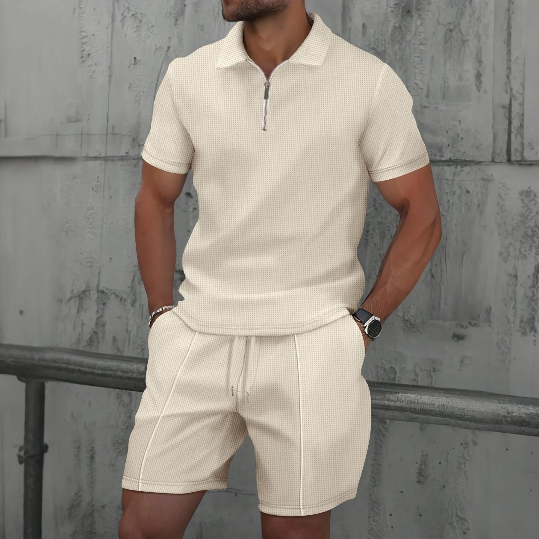 Conjunto de Dos Piezas para Hombre, Verano 2026, Estilo Europeo y Estadounidense, Color Liso, Cierre de Cremallera, Solapa, Manga Corta, Pantalones Cortos
