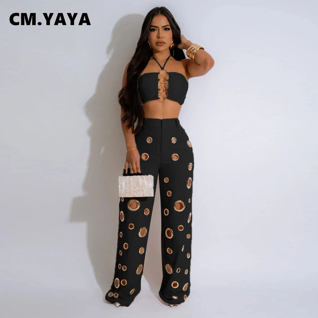 CM.YAYA-Conjunto de dos piezas para mujer, Top sin mangas y pantalones de pierna ancha, traje calado con agujeros, chándal de calle Sexy de verano