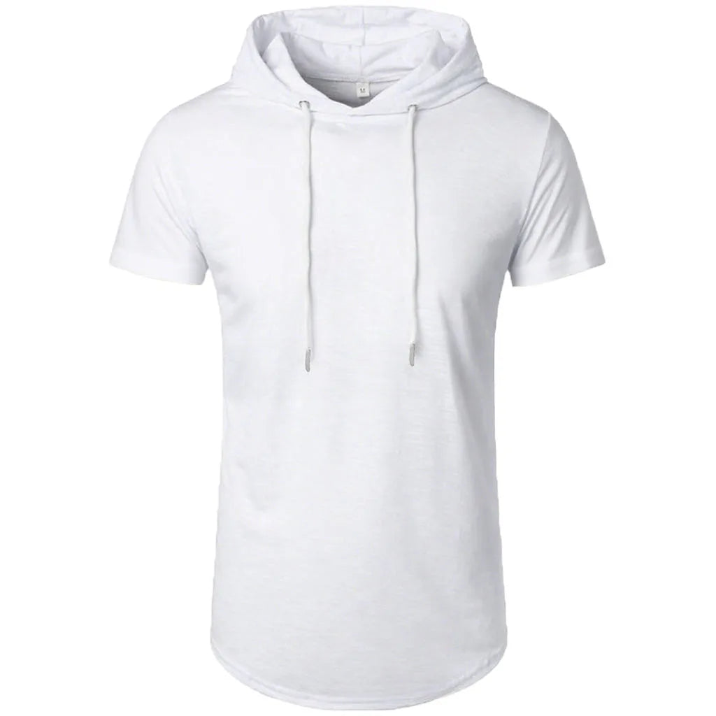 Camiseta de algodón para hombre, camisetas deportivas transpirables ajustadas de Color sólido con capucha de manga corta, camisetas informales ligeras para Fitness para hombre