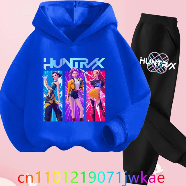 Conjuntos de sudaderas con capucha y pantalones de cazadores de demonios para adolescentes, Sudadera con capucha de película de Anime coreano para niños y niñas, trajes deportivos con capucha de manga larga a la moda
