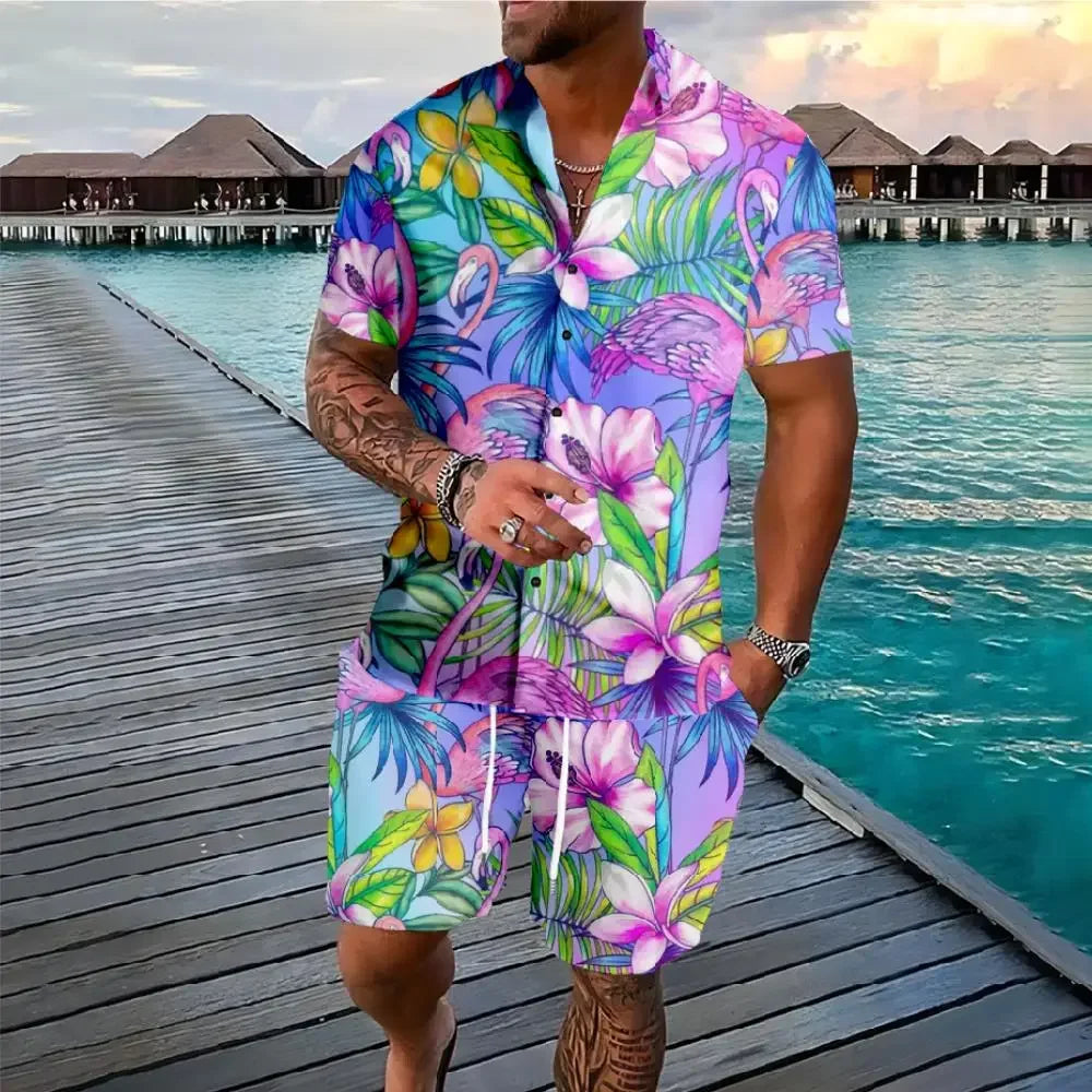 Conjuntos de camisas con estampado 3D de palmera de verano para hombre, camisa de manga corta, pantalones cortos de playa informales de gran tamaño, ropa de calle, trajes hawaianos