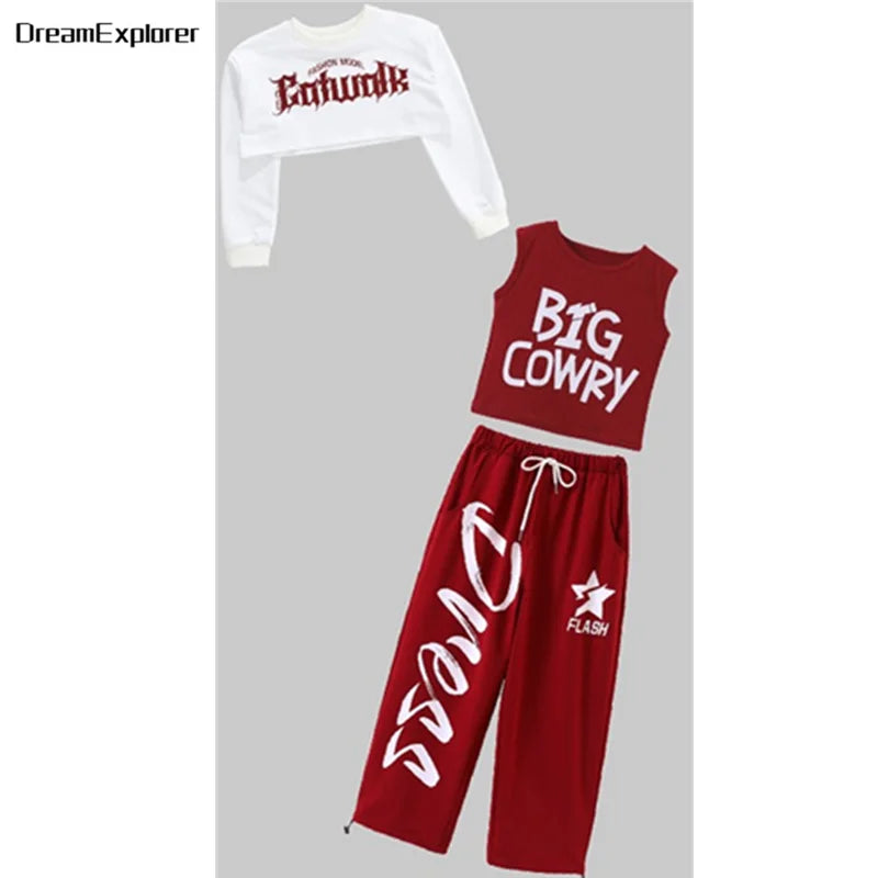 Top corto k-pop para niñas, pantalones deportivos con letras a la moda, conjuntos de ropa de grupo para niñas, ropa informal estilo Hip Hop, disfraces de Jazz para niños