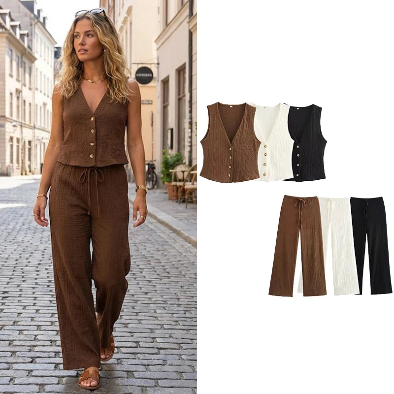 Willshela, conjunto de 2 piezas a la moda para mujer, camisetas sin mangas lisas con una botonadura y pantalones Vintage de cintura alta elástica, traje de pantalones elegantes para mujer