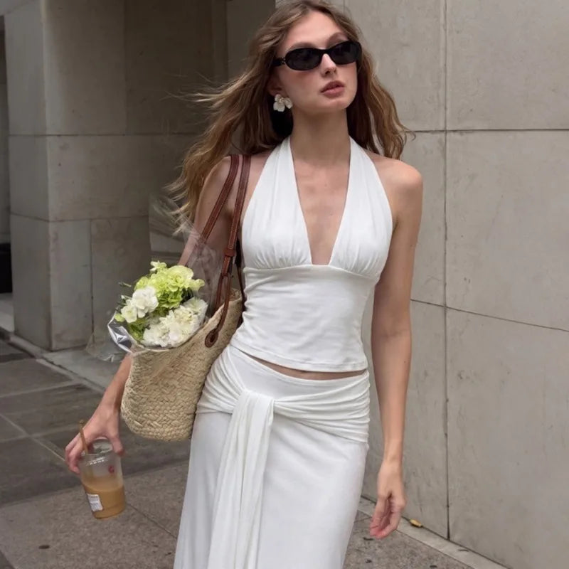 Conjunto de Vestido de 2 Piezas para Mujer Tuularose, Top Sexy con Cuello Halter y Falda con Tiras, Conjunto Elegante para Fiesta de Verano