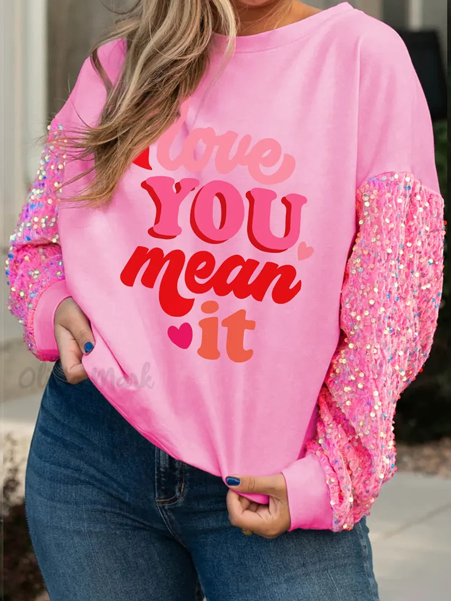 2025 Sudaderas de manga con lentejuelas para el Día de San Valentín para mujer, Top con estampado de letras/labios/corazones, Top que combina con todo, jersey de manga larga dulce